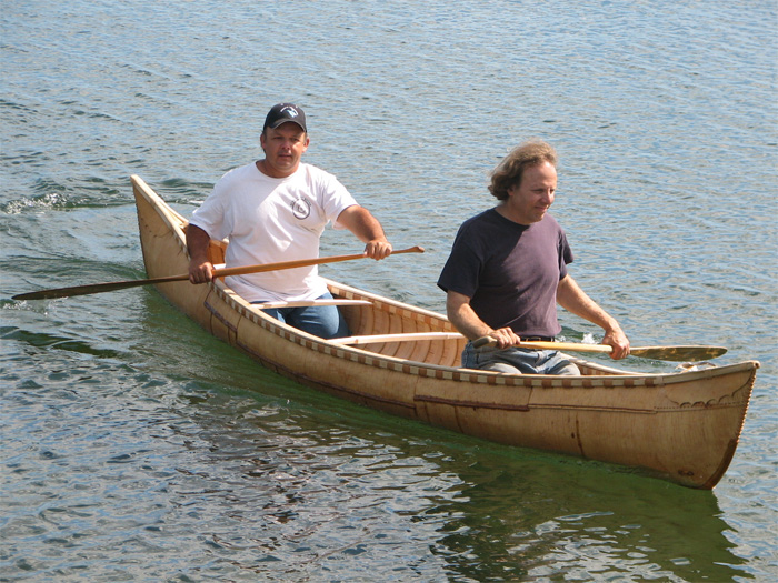 Steve paddling with Todd Labrador, Mi'kmaq birchbark canoe builder